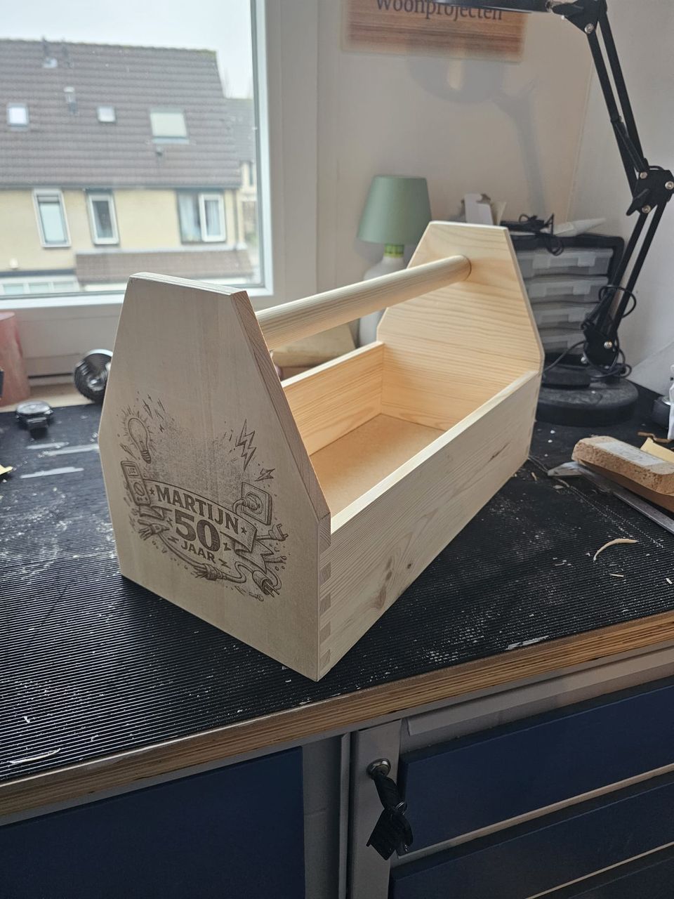 Houten gereedschapskist met persoonlijke gravure