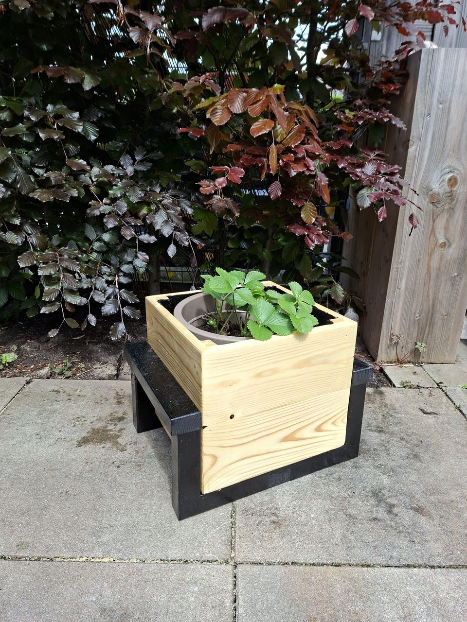 Houten plantenbak in de tuin